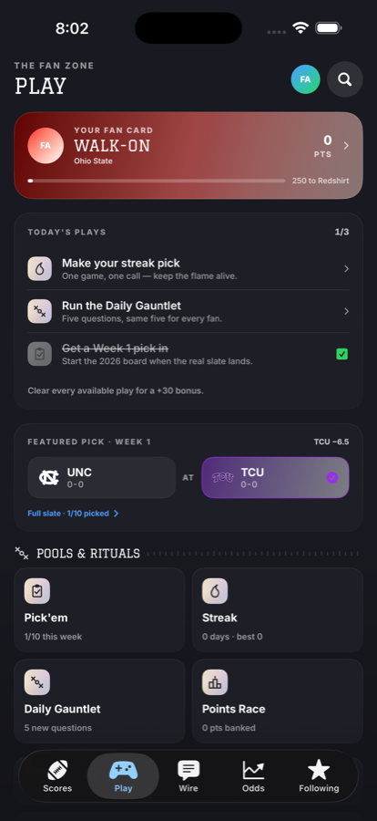 Play tab with fan card, daily plays, and pools.