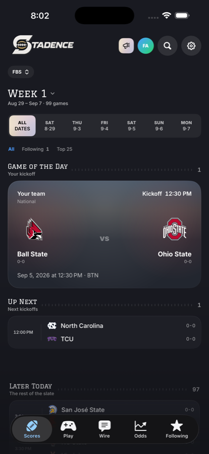 The Stadence scoreboard showing Week 1, a Game of the Day card, and upcoming kickoffs.