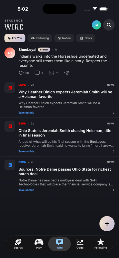 Wire tab with fan takes and news articles.